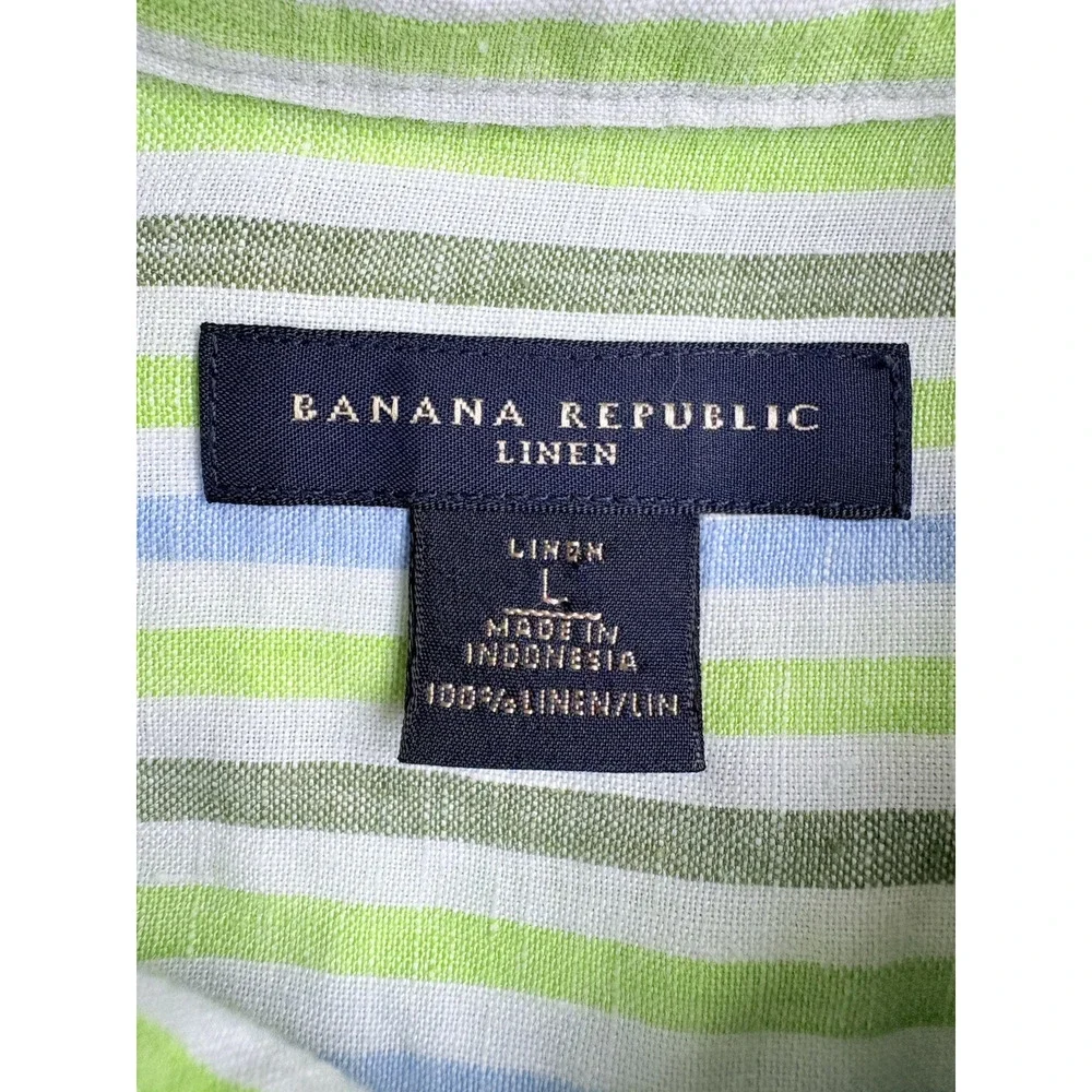 Banana Republic Mens L Linen Striped Button Front Shirt Long Sleeve Green Blue